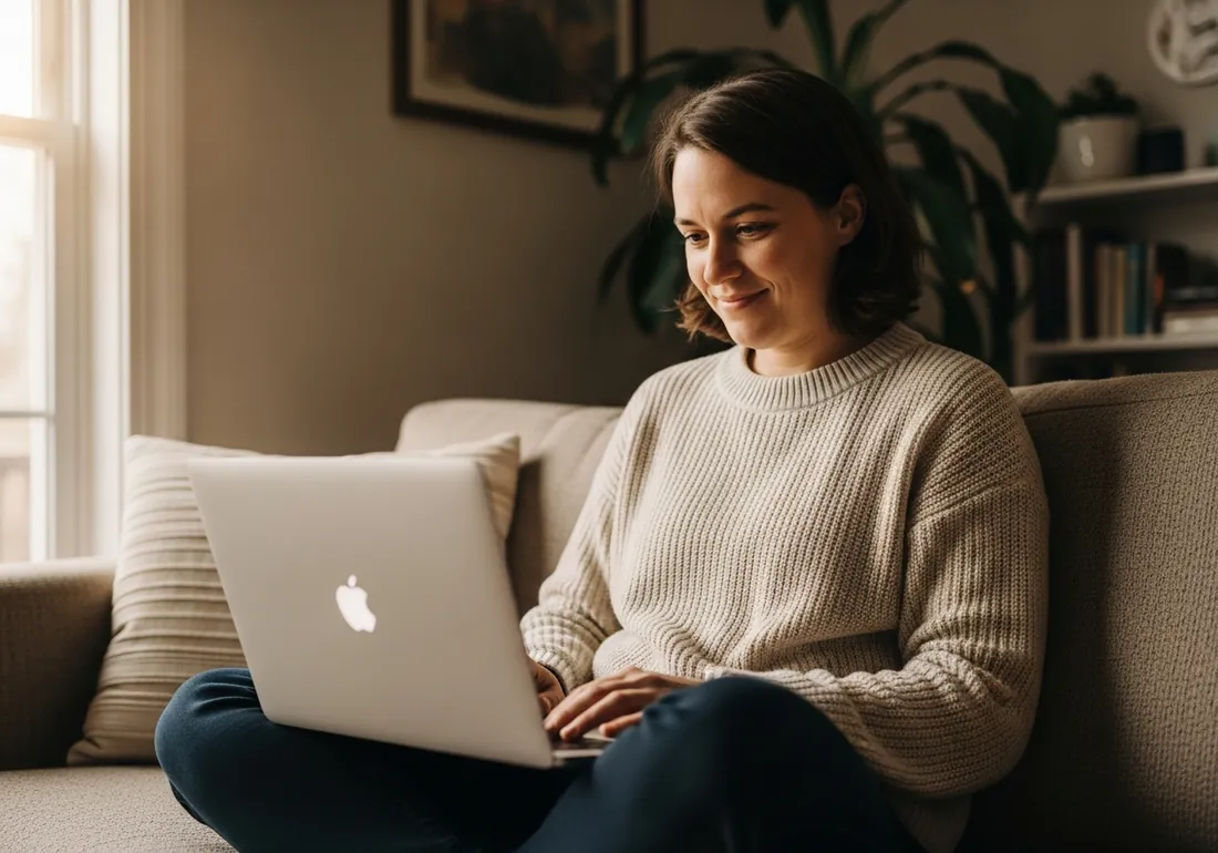 A person sitting comfortably with a laptop in soft window light